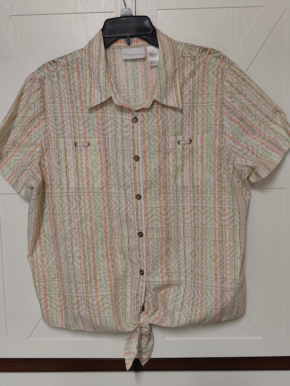 Alfred Dunner Vtg Style Pastel Striped Tie-Hem Button Down Shirt Womens Sz. (18)